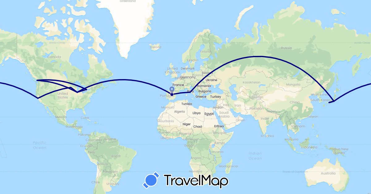 TravelMap itinerary: driving in Canada, Spain, Italy, Japan, United States (Asia, Europe, North America)